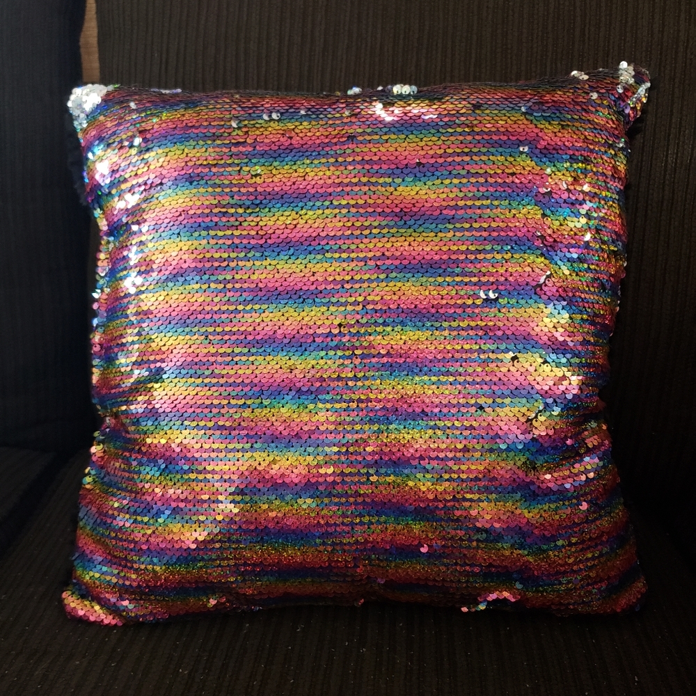 Rainbow and silver 17"×17" decorative pillow